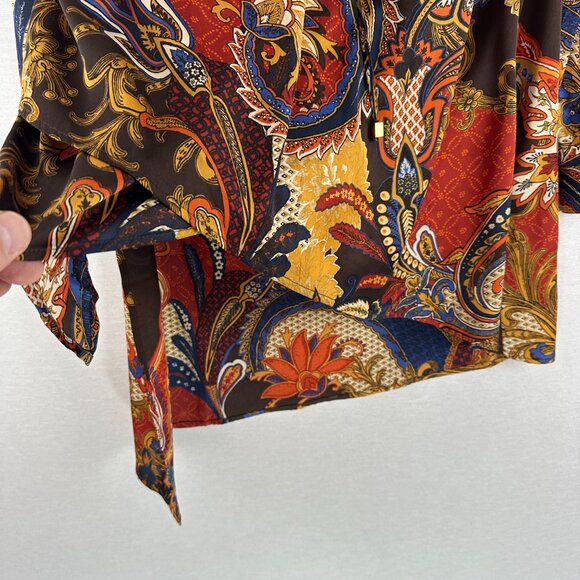 CHICO'S WOMEN'S PAISLEY PRINT ASYMMETRICAL LACE-UP TUNIC BLOUSE MULTICOLOR 1/M 8 - Picture 4 of 10